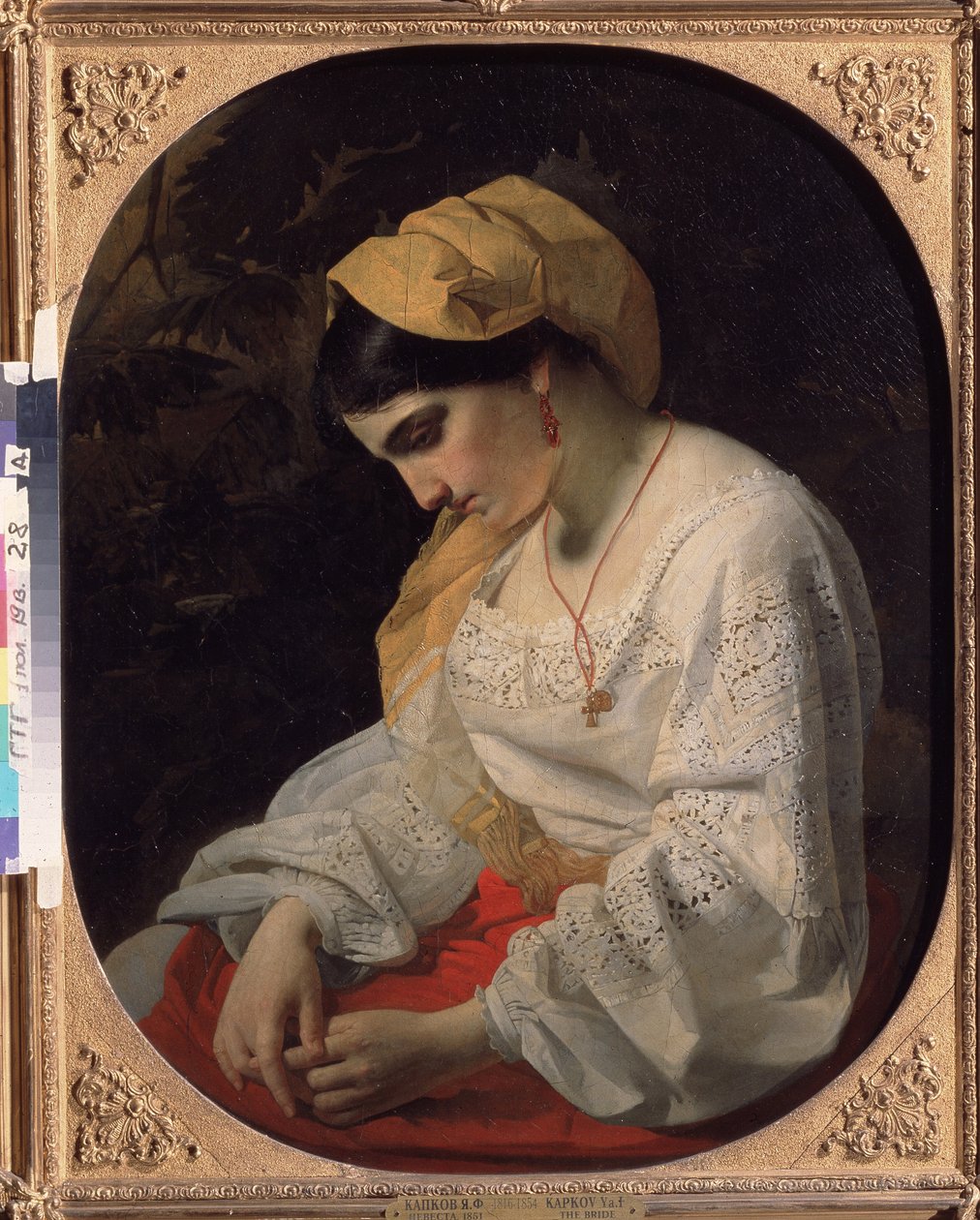 Nuori morsian (A Bride). Profiilimuotokuva surullisesta nuoresta naisesta erottuva ilme. Maalaus: Jakov Fjodorovitš Kapkov (1816-1854), öljy kankaalle tekijältä Yakov Fyodorovich Kapkov