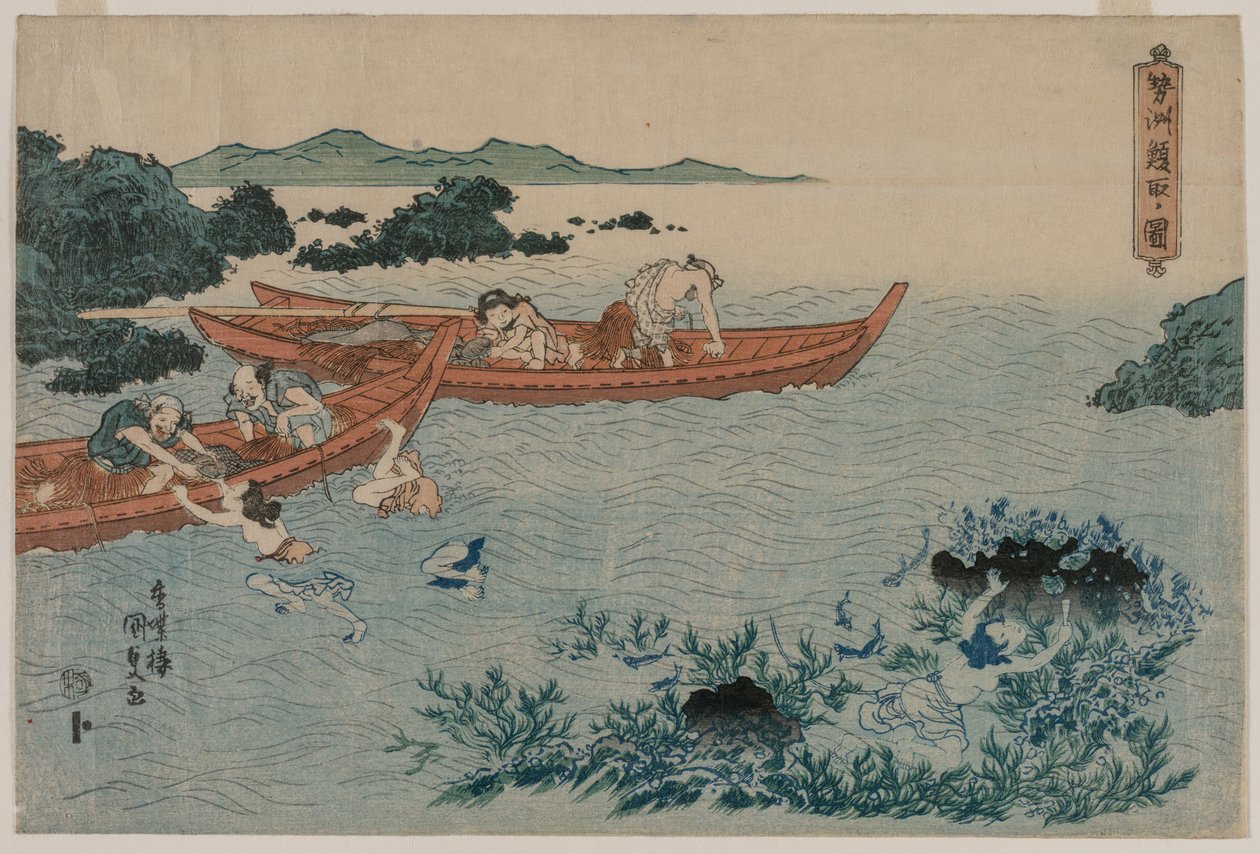 Abalone Divers Issen rannikolla, Untitled Landscape -sarjasta 1830-luvun alussa. tekijältä Yamaguchiya Tobei