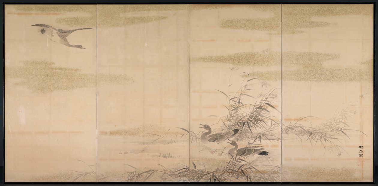 Hanhet, ruoko ja vesi, 1800-luku. tekijältä Yamamoto Baiitsu