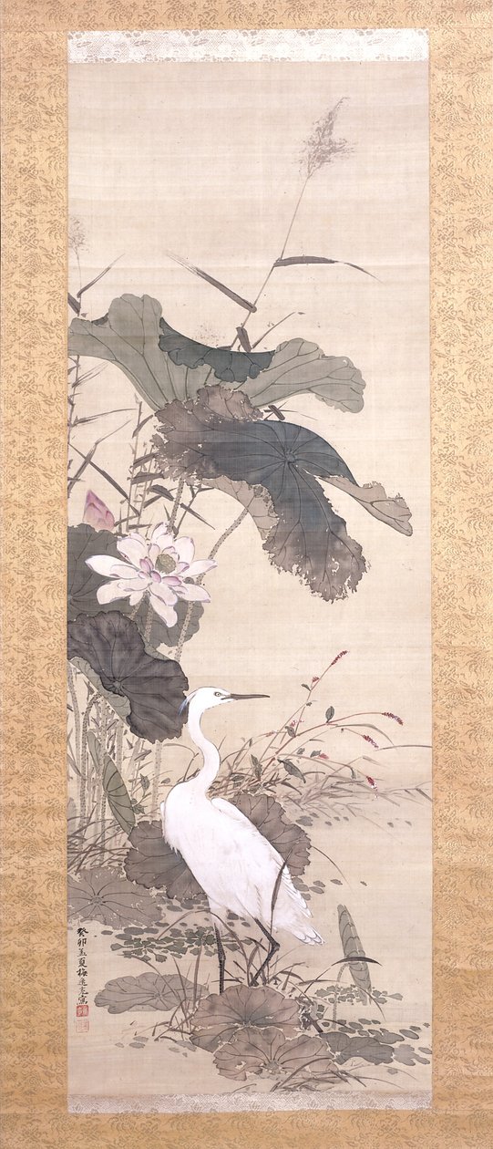 Lotus And Snowy Heron (muste, väri, silkki) tekijältä Yamamoto Baiitsu