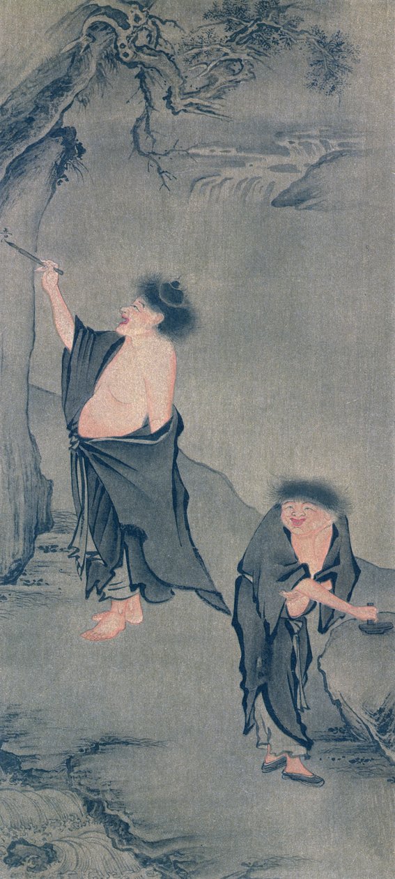 Kaksi kiinalaista erakkoa, Han Shan kirjoittamassa kalliolle ja Shih Te valmistelemassa mustettaan Yan Huin kakemonon jälkeen ja julkaistu The Kokka -lehdessä, Japanissa, 6. kesäkuuta 1906 tekijältä Yan Hui