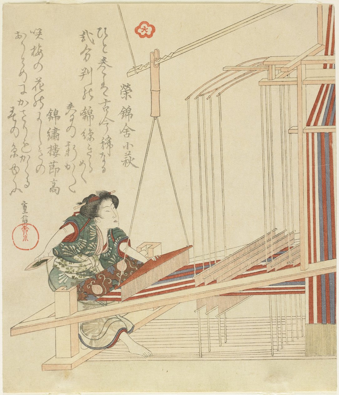 Nainen kutomassa, 1800-luvun alku tekijältä Yanagawa Shigenobu