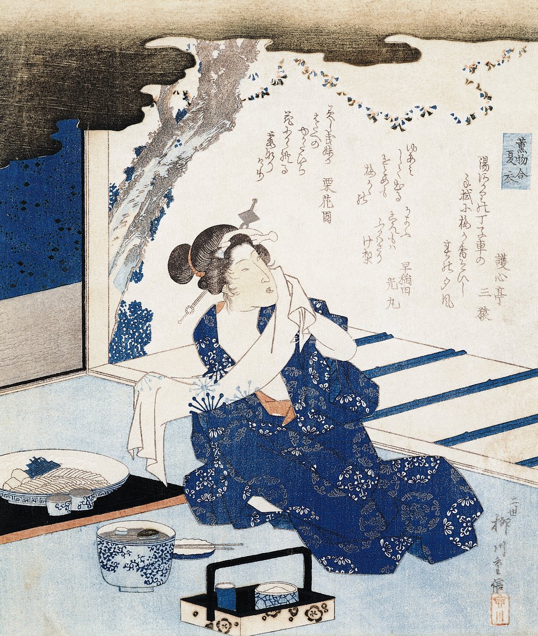 Kurtesaani yllään yukata (sininen ja valkoinen puuvillakimono), seinäpaneeli on koristeltu runolla tekijältä Yanagawa II Shigenobu