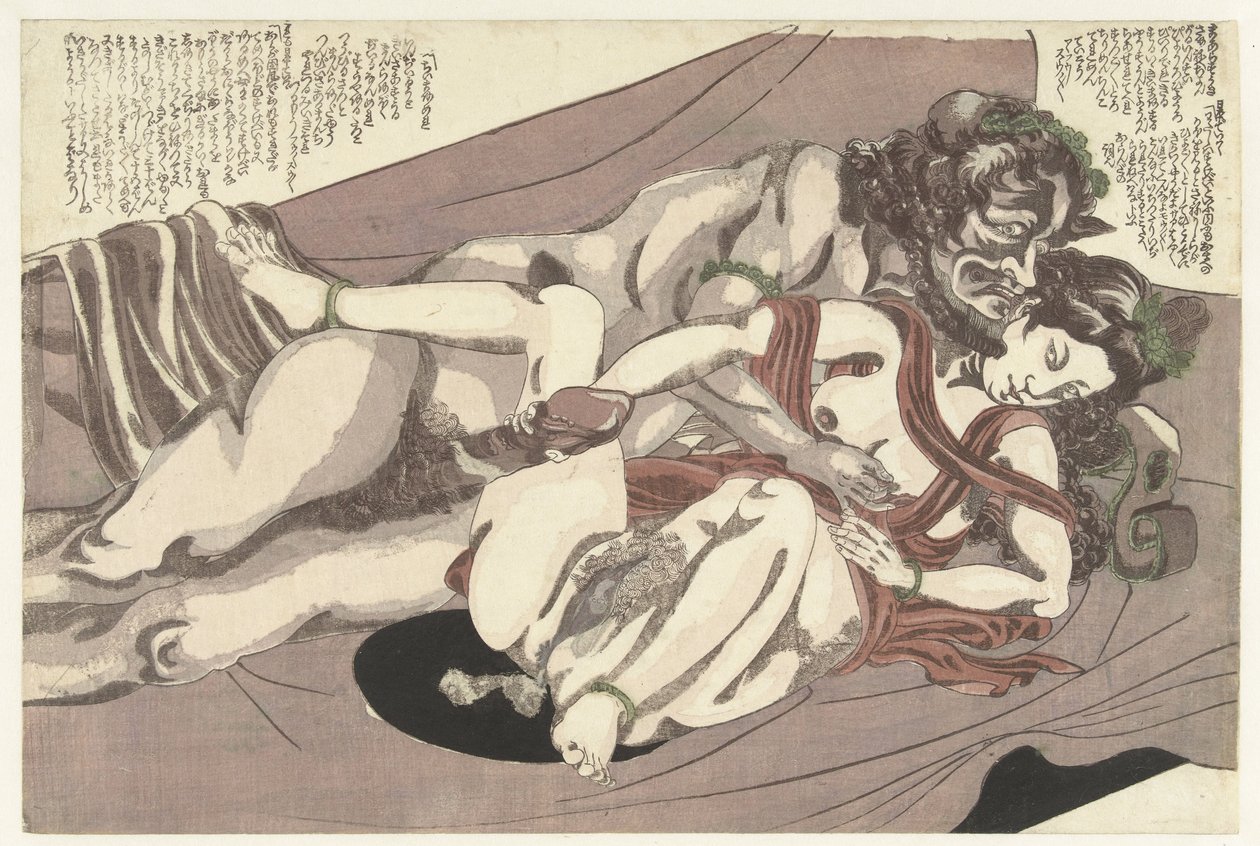 Satyr ja nymfi rakastelevat Willow Storm (sarjan nimi) Yanagi no arashi (sarjan nimi) tekijältä Yanagawa Shigenobu (I) (attributed to)