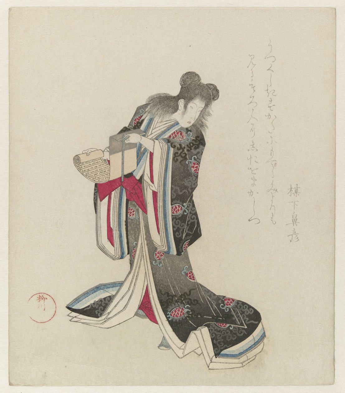 Courtesaani hahmona Kanzan Pukuparaati Nerimono-bileiden aikana Shinmachissa Osakassa (sarjan nimi) tekijältä Yanagawa Shigenobu (I)