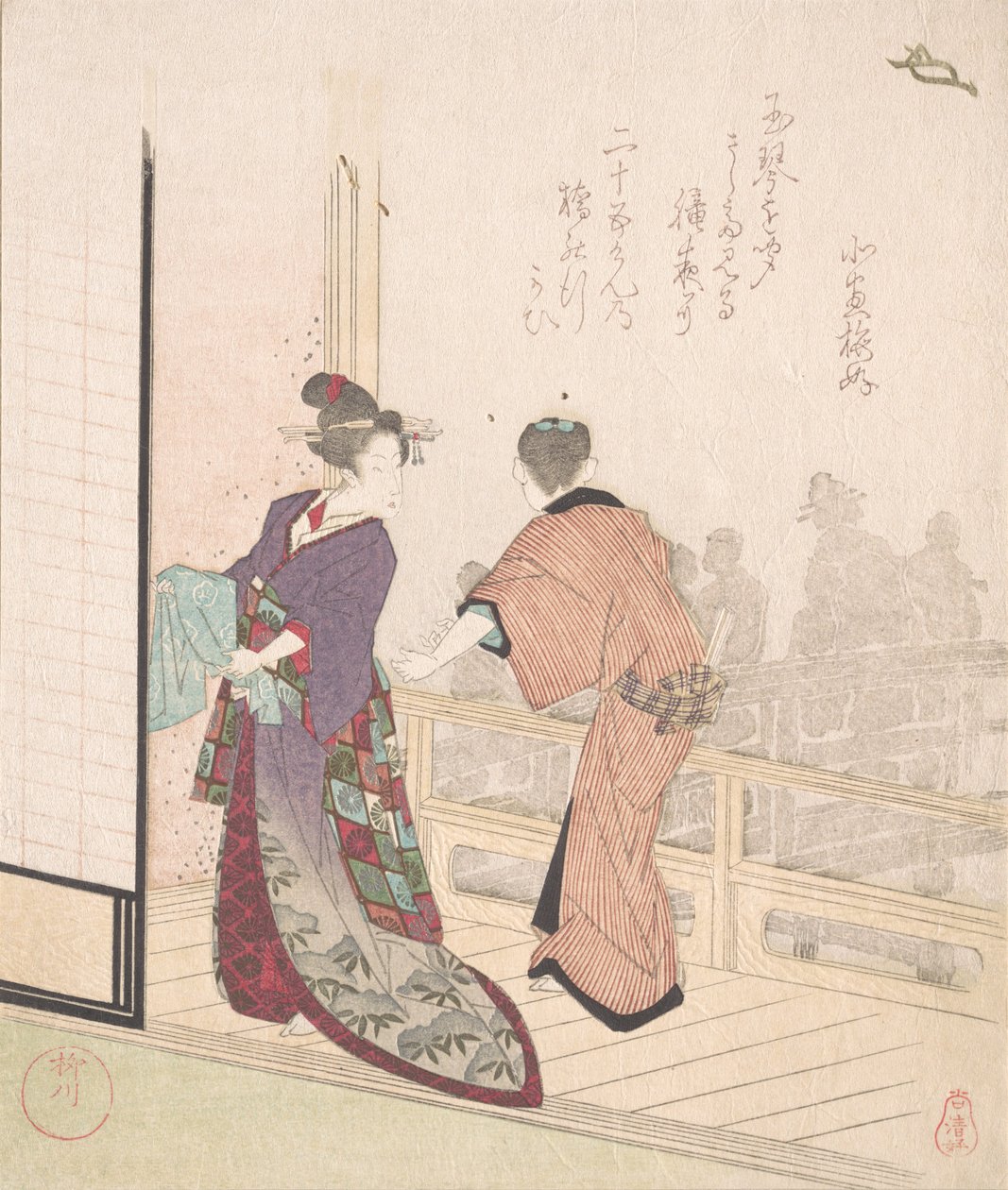Kohtaus Teahousen verannalla, 1700-1800-luku. tekijältä Yanagawa Shigenobu
