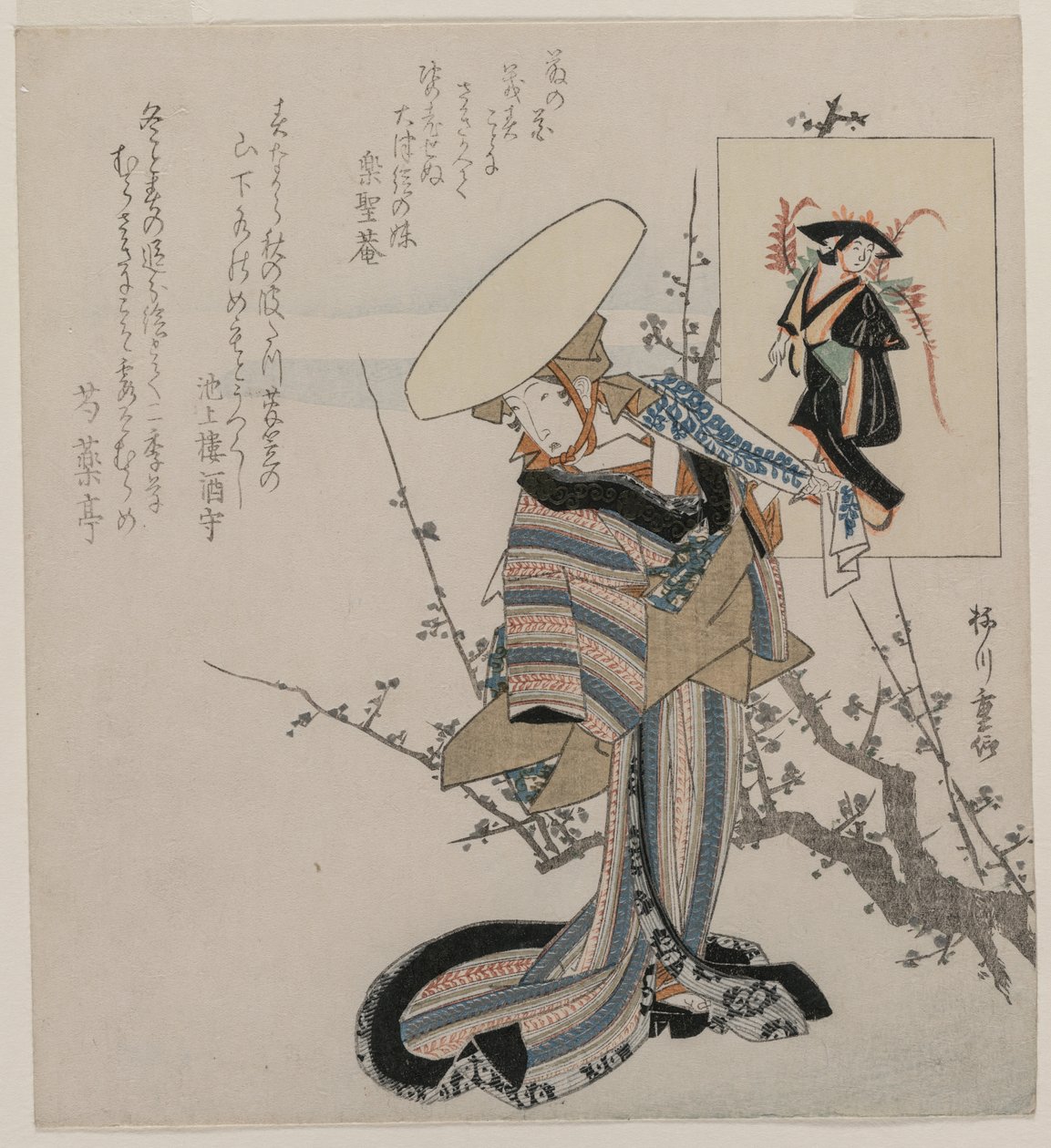 Nainen luumupuun ääressä Wisteria Maidenin kanssa..., n. 1830-luvun alku. tekijältä Yanagawa Shigenobu