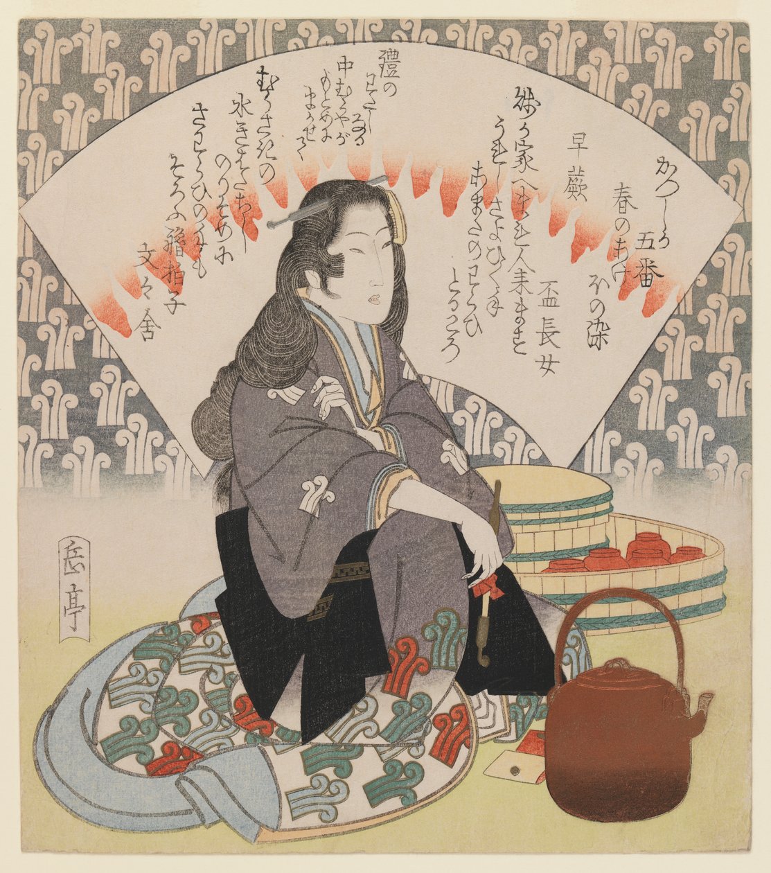 Tarjoilija ja kuparinen vedenkeitin sarjasta 5 Surimono Katsushika Poetry Clubille, n. 1830 (puupainatus, shikishiban-muoto, deluxe-painatus laajalla metallilla) tekijältä Yashima Gakutei