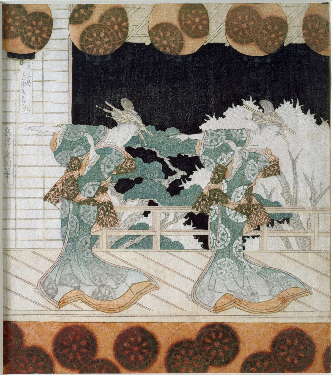 Tanssijat perinteisissä puvuissa näyttämöllä Yashima Gakutein (1786-1868) japanilainen print "Surimono" 1822 Yksityinen kokoelma tekijältä Yashima Gakutei