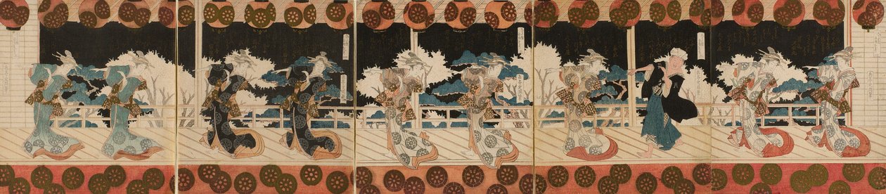 Tanssiva kurtisaani ja mies (mahdollisesti runoilija Hisakataya), kaksi, Hisakatayan runoklubin "Furuichi-tanssiesityksen (Furuichi odori)" pentaptyykki-sarjasta. tekijältä Yashima Gakutei
