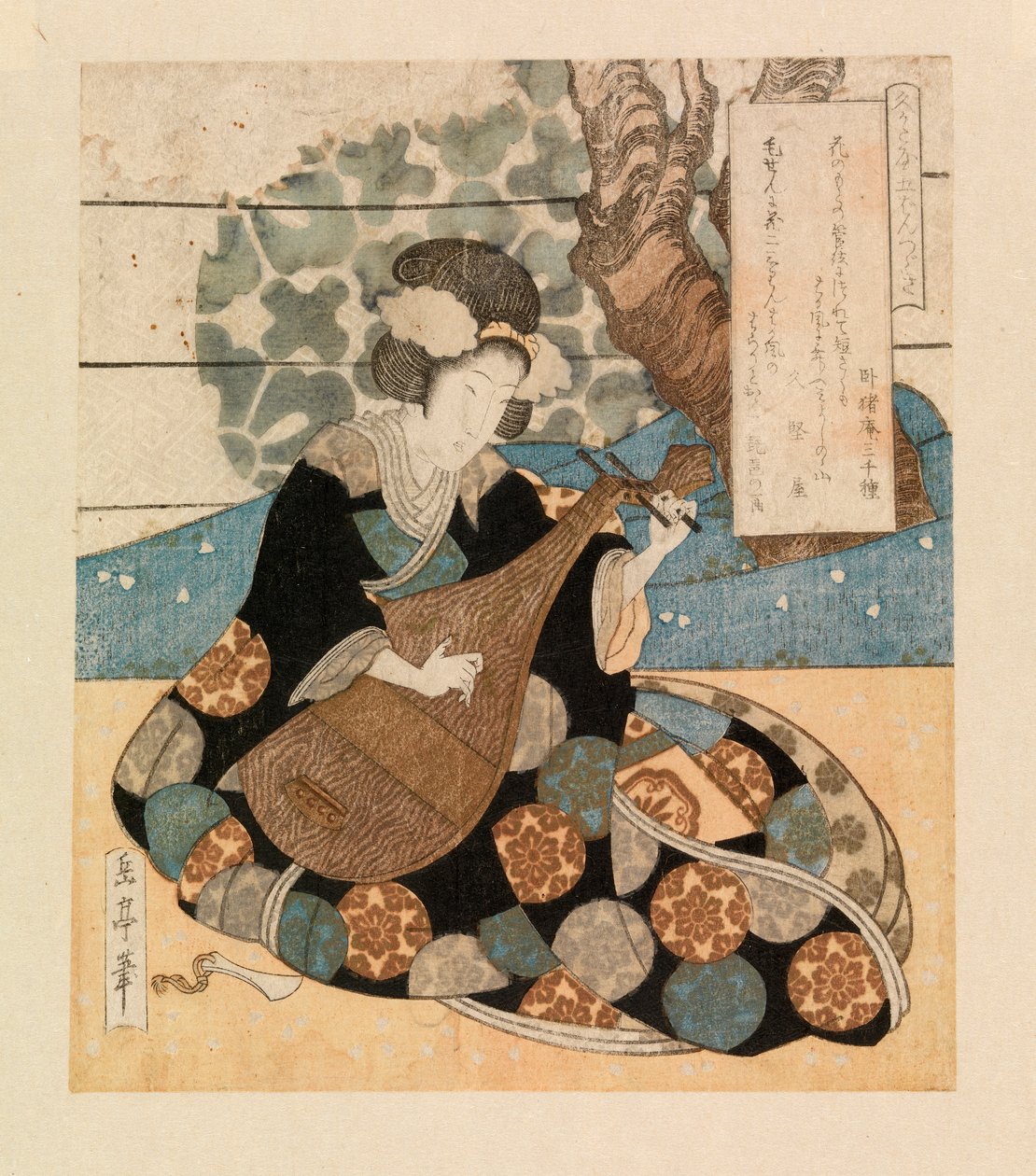 Nainen soittamassa instrumenttia, n. 1804-40 (värillinen puupiirros) tekijältä Yashima Gakutei
