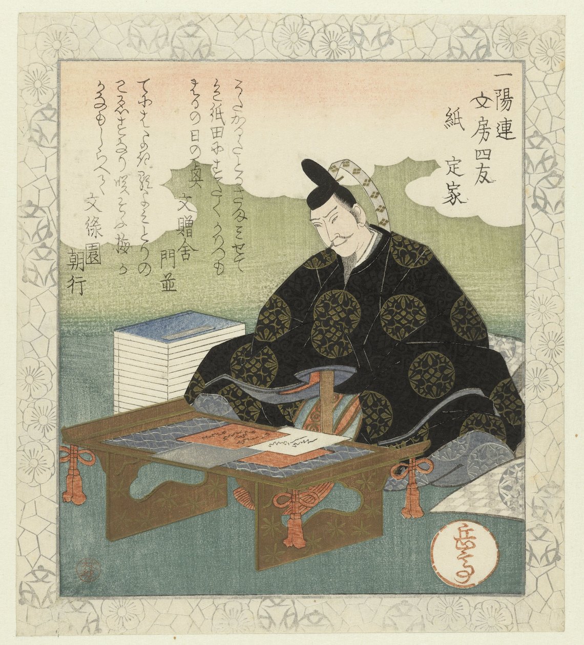 Paperi: Fujiwara no Sadaie Kami Sadie (otsikko esineessä) Ichiyôrenin kirjoituspöydän neljä toveria (sarjan nimi) Ichiyôren bunbô shiyû (sarjan nimi esineessä) tekijältä Yashima Gakutei