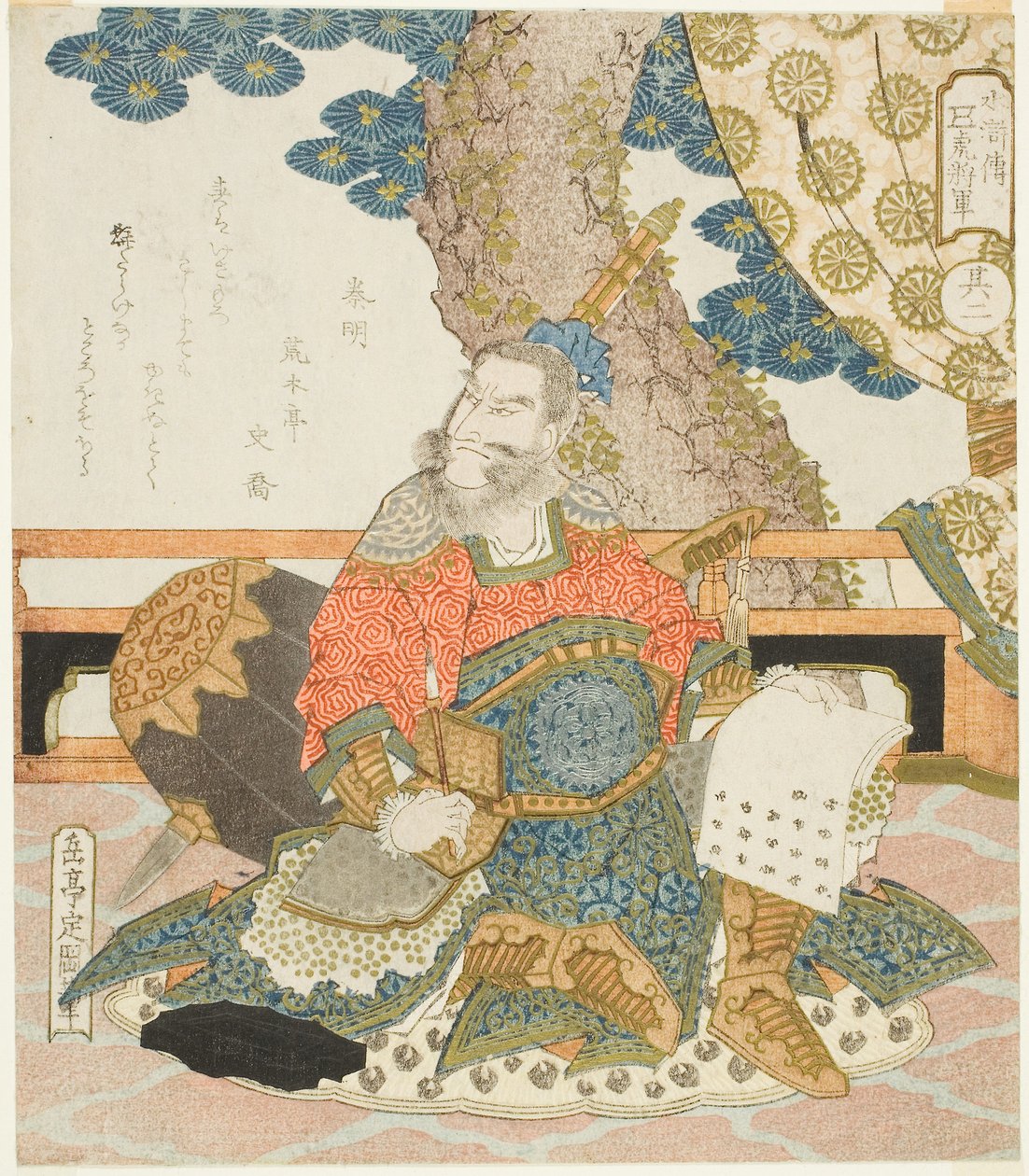 Qin Ming (Shinmei), n. 1828 (värilliset puupalikkaprintit metallipigmenteillä; surimono shikishiban pentaptych) tekijältä Yashima Gakutei