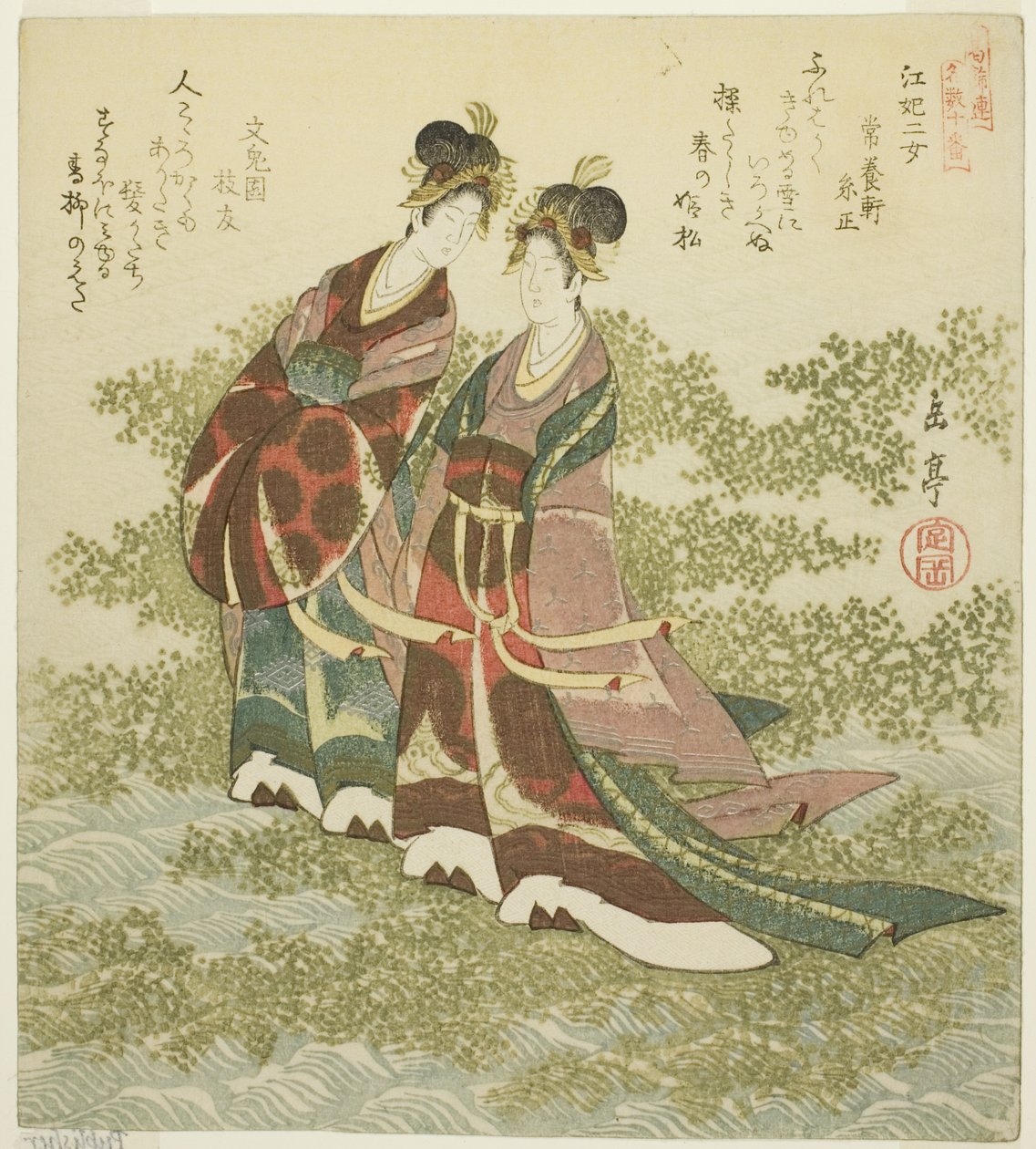 Dues princeses del riu (Kohi nijo), de la sèrie "Un conjunt de deu números famosos per al cercle de Katsushika (Katsushikaren meisu juban)" finès tekijältä Yashima Gakutei