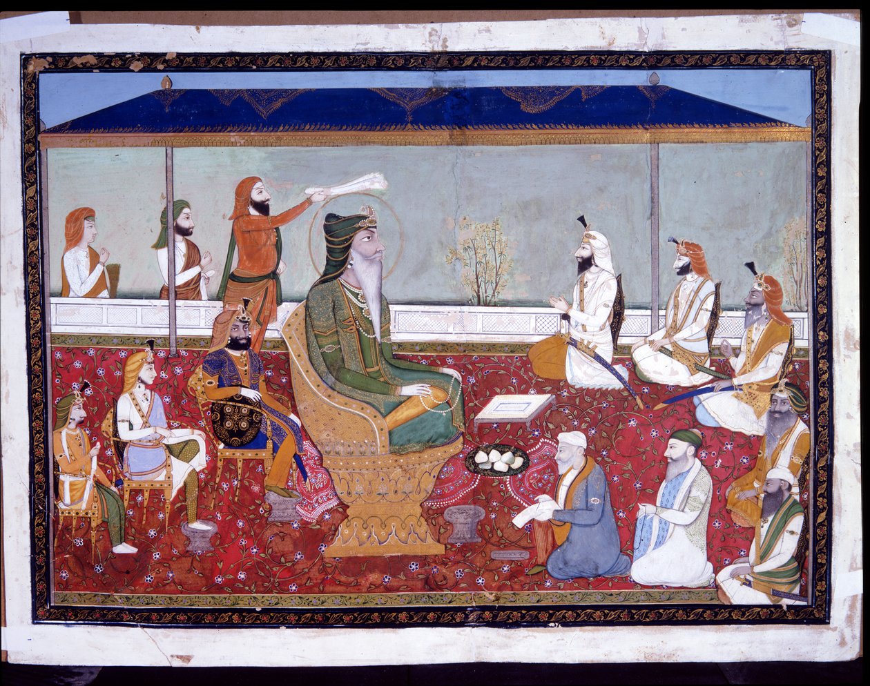 Ranjit Singh kultaisella valtaistuimellaan, n. 1830 (läpinäkymätön akvarelli ja kulta paperilla) tekijältä Yechu Mussavir