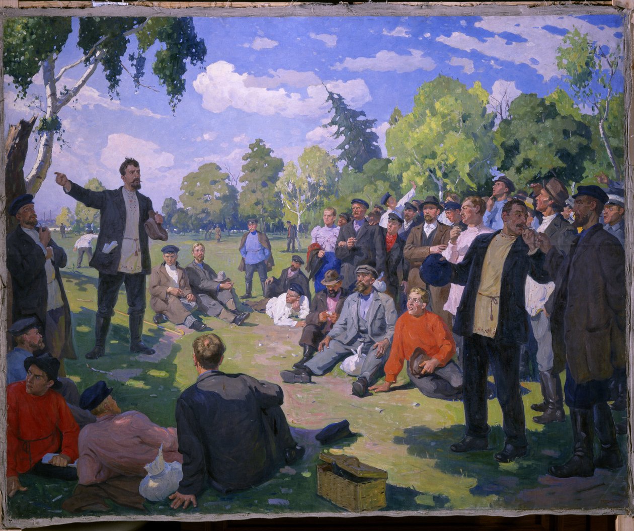 Vapunpäivä vuonna 1891 (vappu vuonna 1891). Lepopäivä ja työntekijöiden kokoontuminen aurinkoisessa puistossa. Jefim Mihailovitš Tšeptsovin (1875-1950) maalaus, öljy kankaalle 1935. 1900-luvun Neuvostoliiton taidetta. Venäjän valtionmuseo, Saint tekijältä Yefim Mikhailovich Tcheptsov