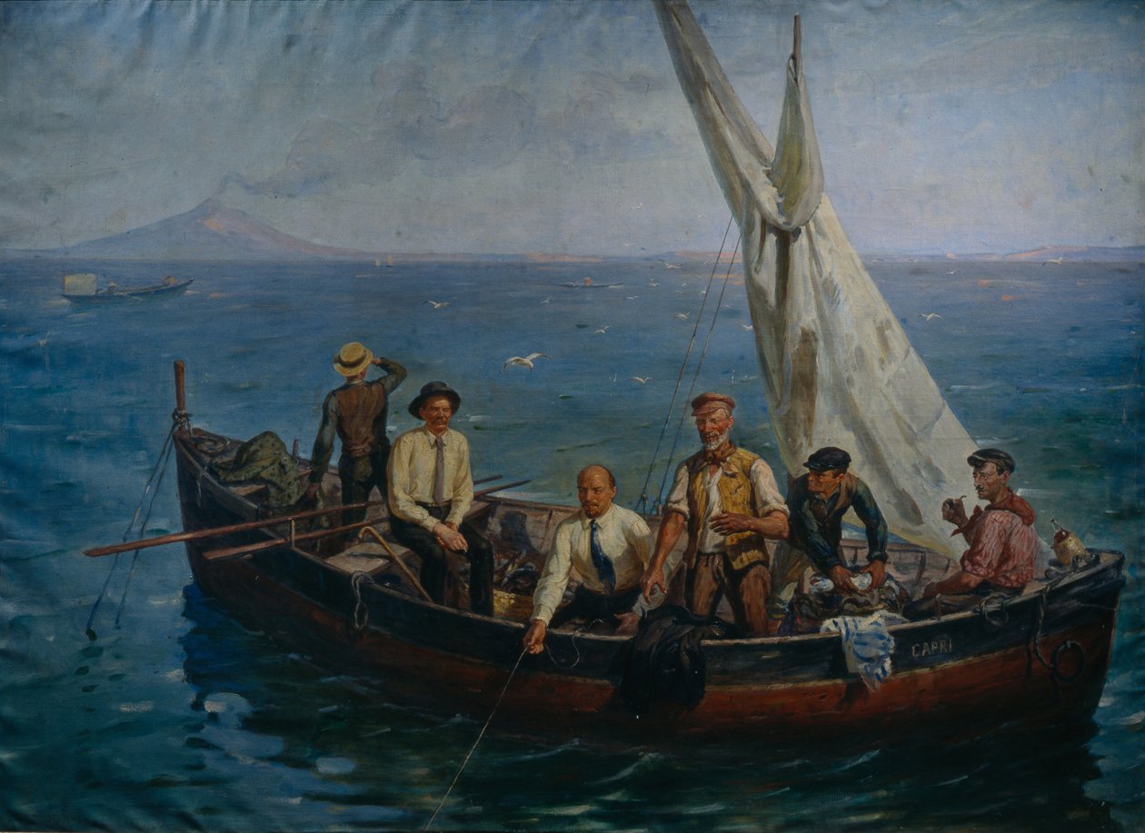 Lenin ja kirjailija Maksim Gorki kalastajien kanssa Caprin saarella, 1946 tekijältä Yefim Mikhailovich Tcheptsov