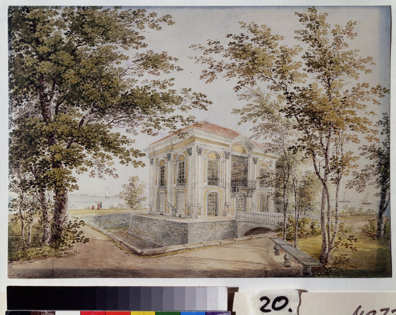 Eremitaaši-paviljonki Peterhofissa. Tämän paviljongin, jota kutsutaan myös uudeksi Monplaisiriksi, rakensi vuonna 1725 arkkitehti J. F. Braunstein. Jegor Jegorovich Meierin (1822-1867) teos, akvarelli paperille, noin 1850. Ar tekijältä Yegor Yegorovich Meier