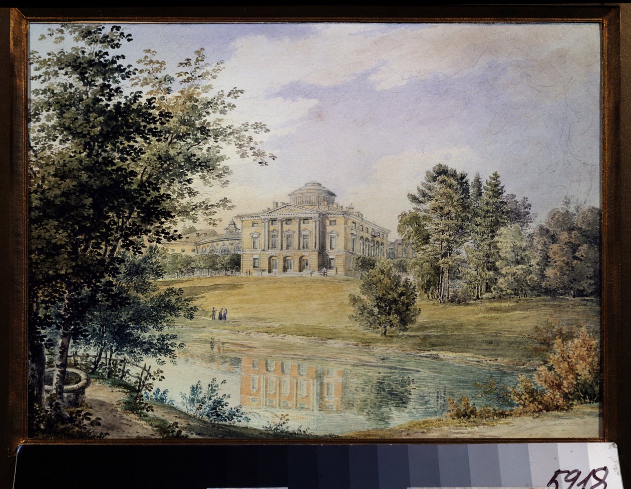 Näkymä Pavlovskin palatsista (Pietari). (Näkymä Pavlovskin palatsille). Arkkitehti Charles Cameronin rakentama vuosina 1782–1786. Jegor Jegorovich Meierin (1822-1867) teos, akvarelli paperille tekijältä Yegor Yegorovich Meier