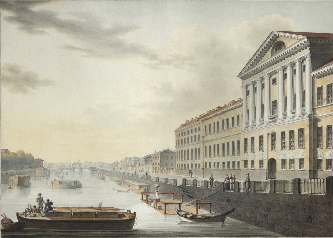 Näkymä Fontanka-joelle Izmailovskin sillalta, 1820-1823 tekijältä Yermolai Ivanovich Yesakov