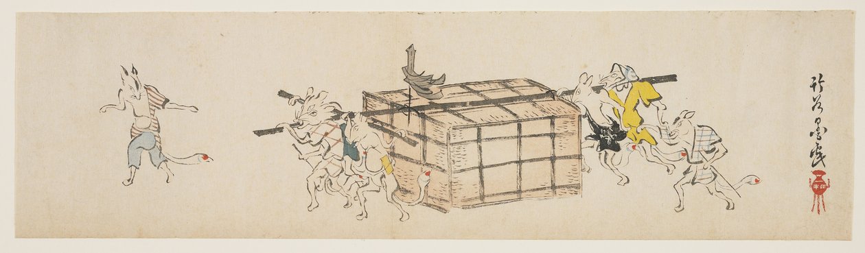 White Foxes Carrying a Coffer, n. 1840 (värillinen puupainatus) tekijältä Yoda Chikkoku