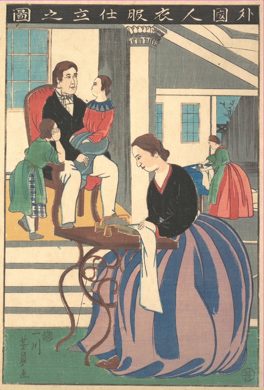 Kuva ulkomaalaisesta, joka tekee vaatteita, 1860. tekijältä Yoshikazu