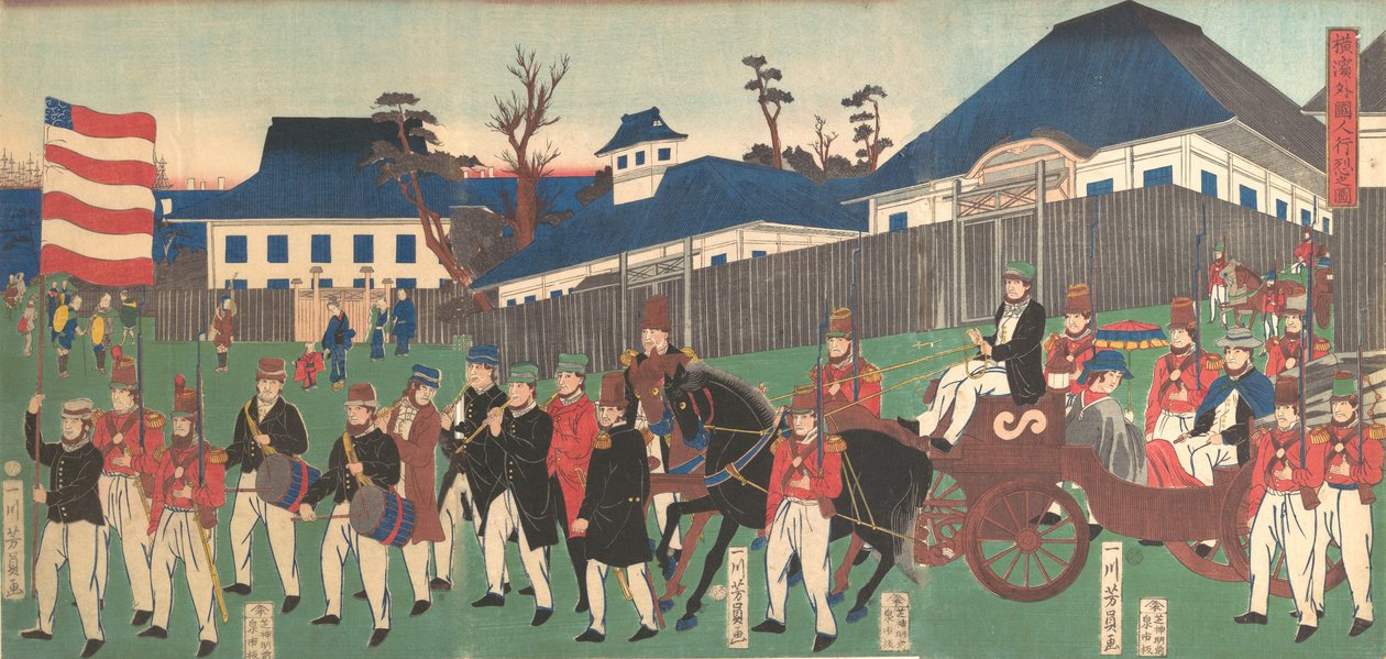 Kuva ulkomaalaisten kulkueesta Yokohamassa, 2. kuukausi, 1861. tekijältä Yoshikazu