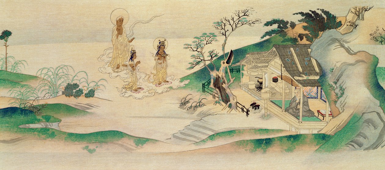 Amitayus Buddha ja kaksi bodhisattvaa vierailemassa munkki Honenin (s.1132) luona, kuva julkaistu Tokka-lehdessä maaliskuussa 1902 tekijältä Yoshimitsu Tosa