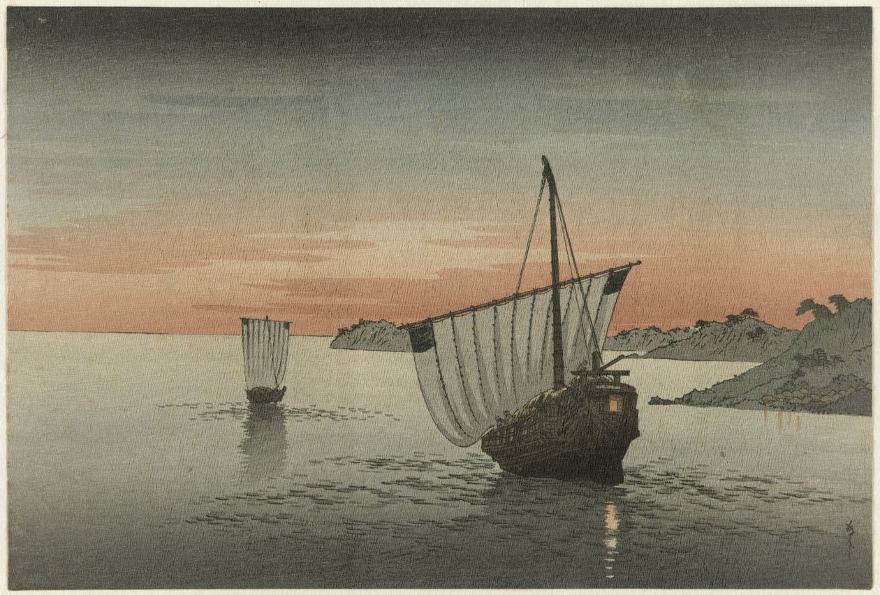 Kaksi purjelaivaa pitkin rannikkoa tekijältä Yoshimune (II) , Utagawa