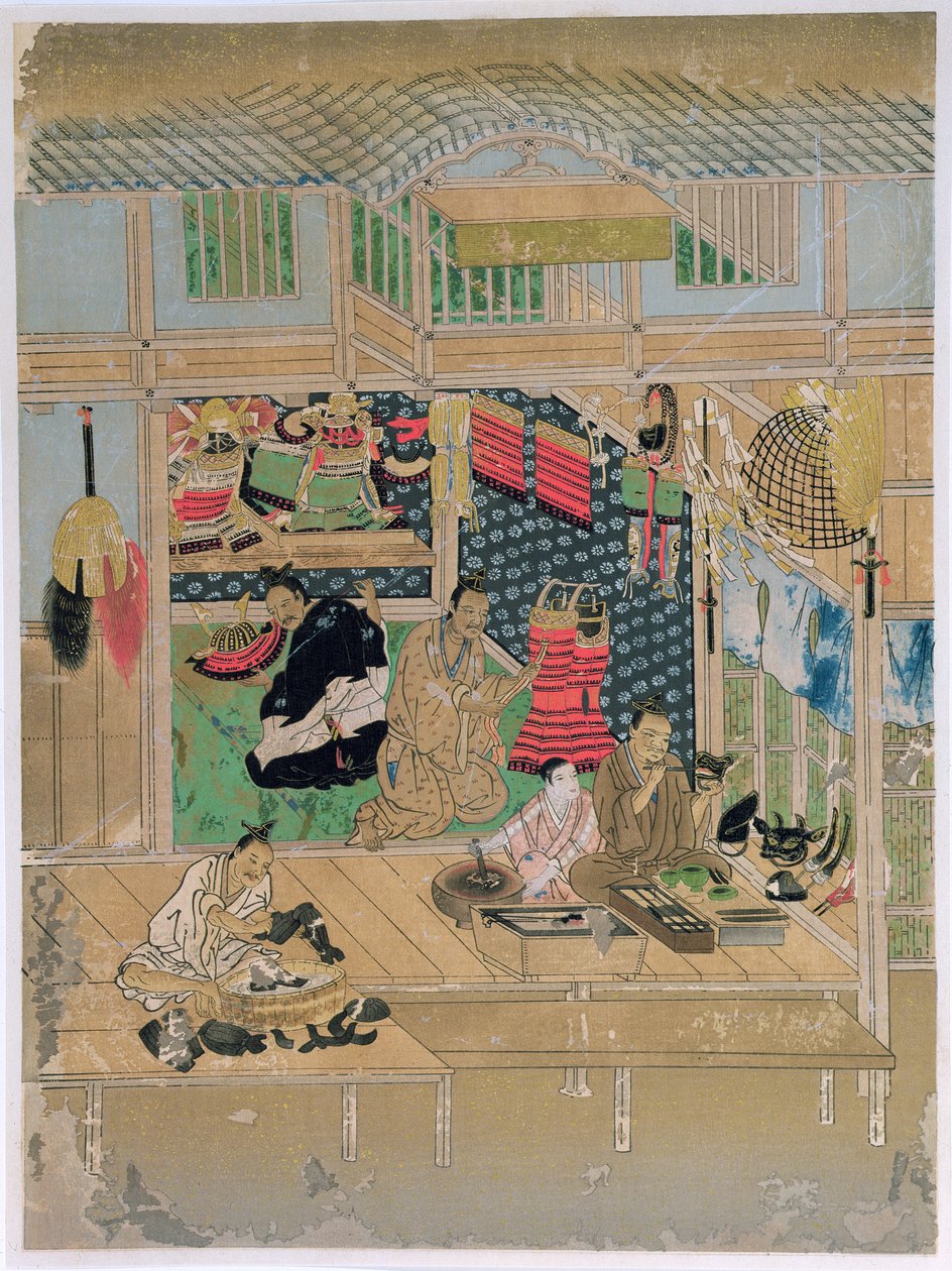The Armourers, kuvitus Kokka-lehdestä, heinäkuu 1914 9väri litho) tekijältä Yoshinobu Kano