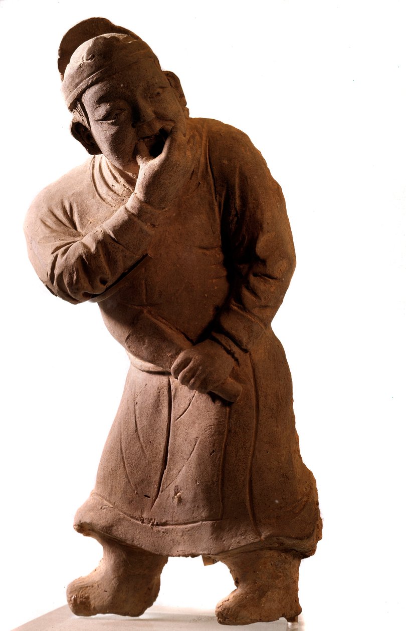 Kiinalainen taide: terrakottapatsas, joka edustaa "whistler"-näyttelijää. Tsiao Tsouosta, Honanista. Yuan-dynastia (1271-1368 jKr.). tekijältä Yuan Dynasty Chinese School