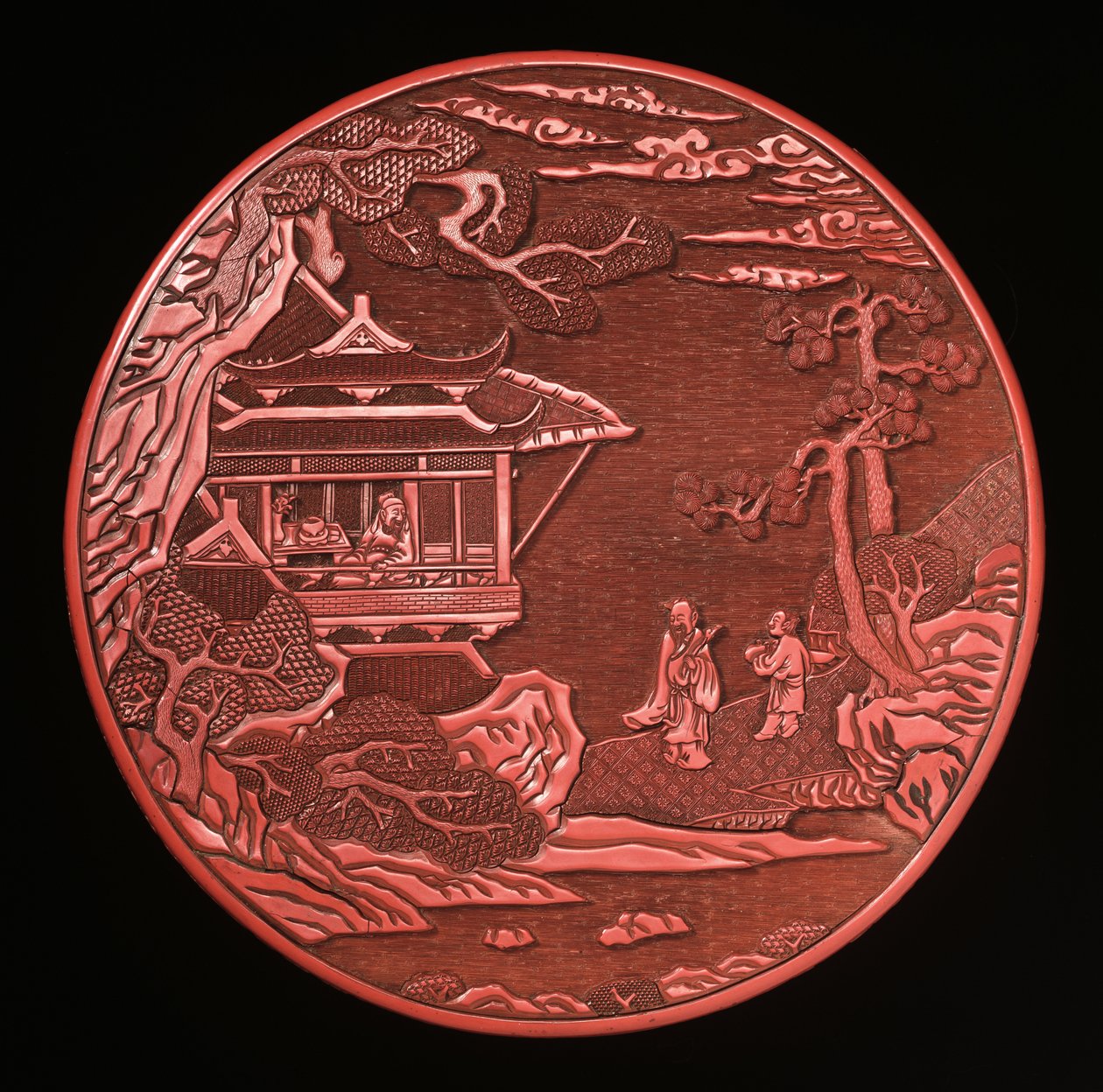 Pyöreä veistetty kanelilaatikko ja kansi (lakattu puu) (katso myös 272180 ja 272181) tekijältä Yuan Dynasty Chinese School