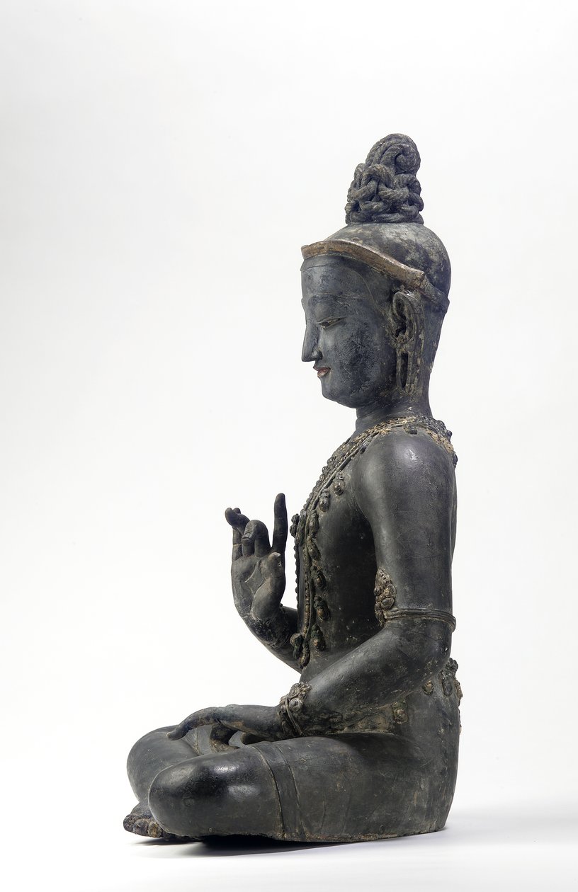 Nepalilais-kiinalaistyylinen bodhisattva (lakka, kangas, jäljet sinisestä, kullasta ja vihreästä maalista ja kultalehtiä) tekijältä Yuan Dynasty Chinese School