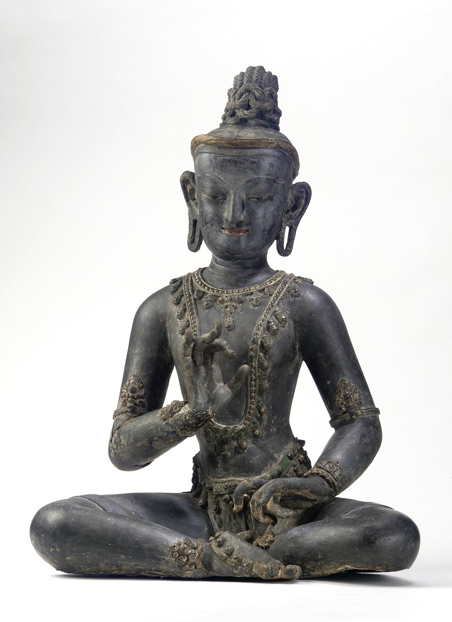 Nepalilais-kiinalaistyylinen bodhisattva (lakka, kangas, jäljet sinisestä, kullasta ja vihreästä maalista ja kultalehtiä) tekijältä Yuan Dynasty Chinese School