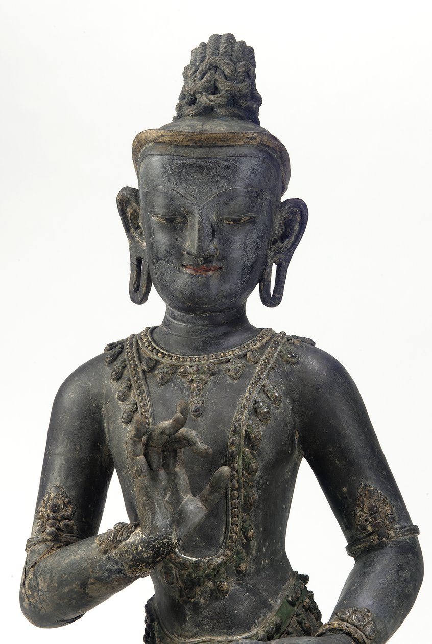 Nepalilais-kiinalaistyylinen bodhisattva (lakka, kangas, jäljet sinisestä, kullasta ja vihreästä maalista ja kultalehtiä) tekijältä Yuan Dynasty Chinese School