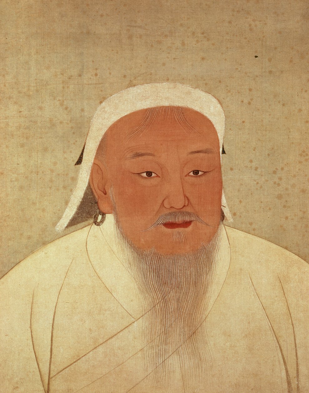 Muotokuva Tšingis-kaanista (n. 1162-1227), Mongoli-khaanista, keisarillisen dynastian perustajasta, yuanista, joka tekee Kiinasta suuren Mongoli-imperiumin keskuksen (1260-1368), (muste ja wc silkillä, silkkikuvioinen reunus) tekijältä Yuan Dynasty Chinese School