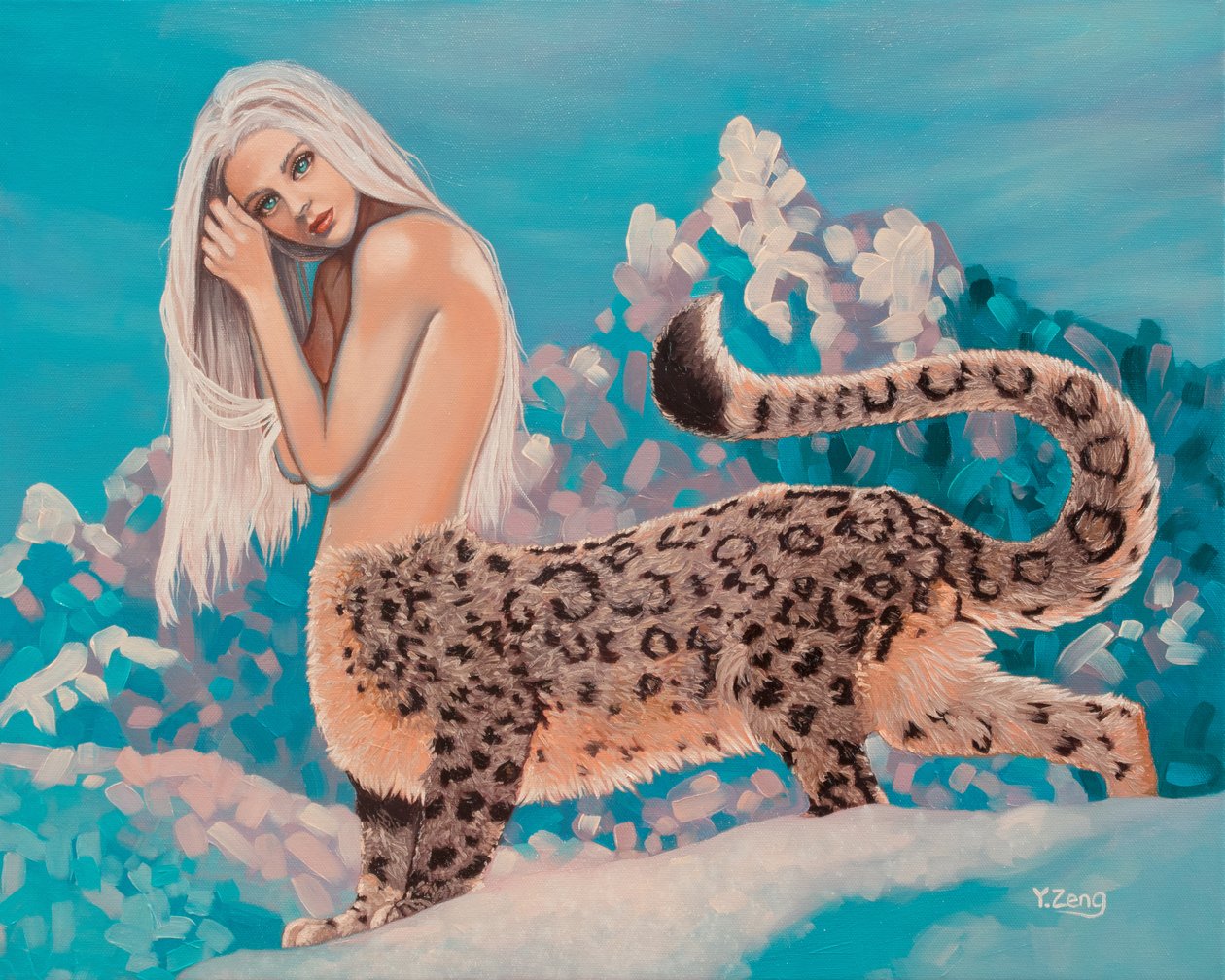 Leopardinainen, 2023 (öljy kankaalle) tekijältä Yue Zeng