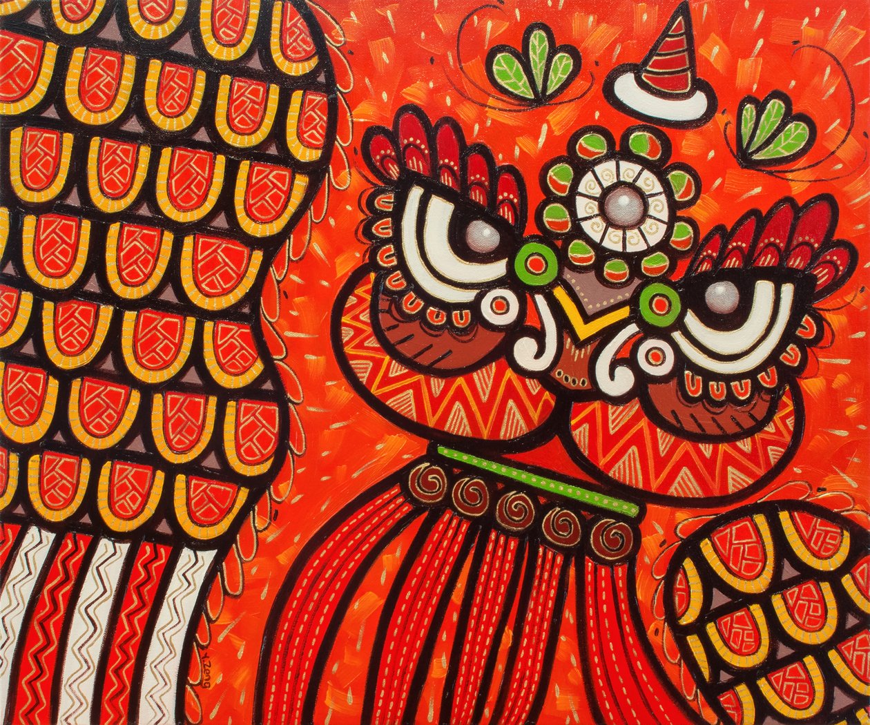 Leijonatanssi punainen, 2022 (öljy kankaalle) tekijältä Yue Zeng