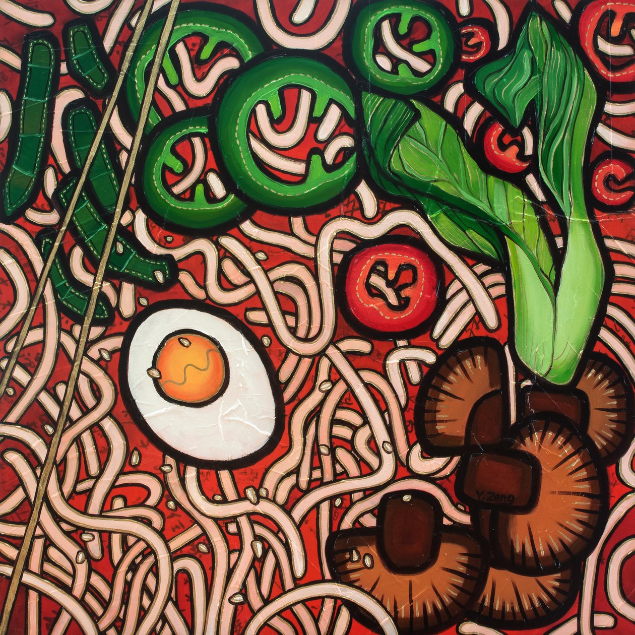 Ramen-nuudelivihannes, 2023 (sekatekniikka puulevylle) tekijältä Yue Zeng