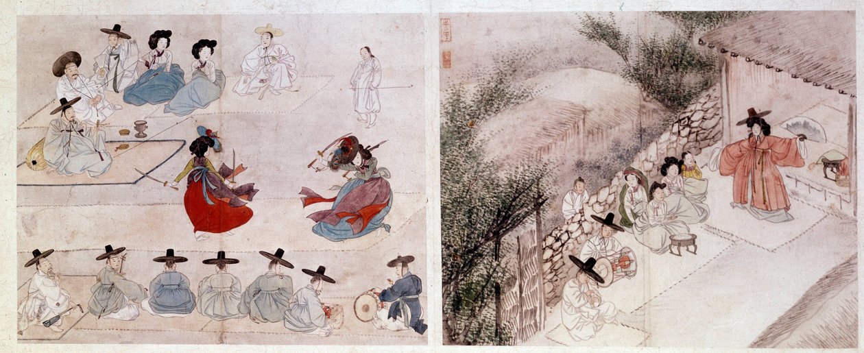 Art Coreen: naisten taistelukohtaus jokapäiväisessä elämässä. Sin Yun Bokin vedokset (tai Hyewon teki vuonna 1758). 18. tai 19. vuosisadalla. Hyung Pil Chun -kokoelma tekijältä Yun bok Sin