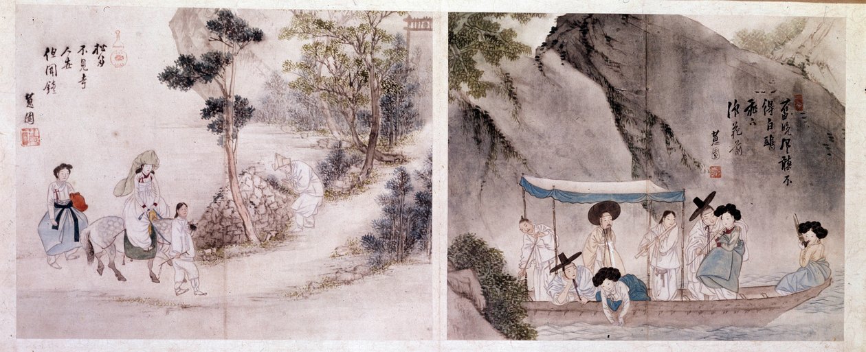 Taiteen ydin: kävely- ja venekohtaus. Sin Yun Bokin (tai Hyewonin) (s. 1758) vedokset. 1700-luvulla. tekijältä Yun bok Sin