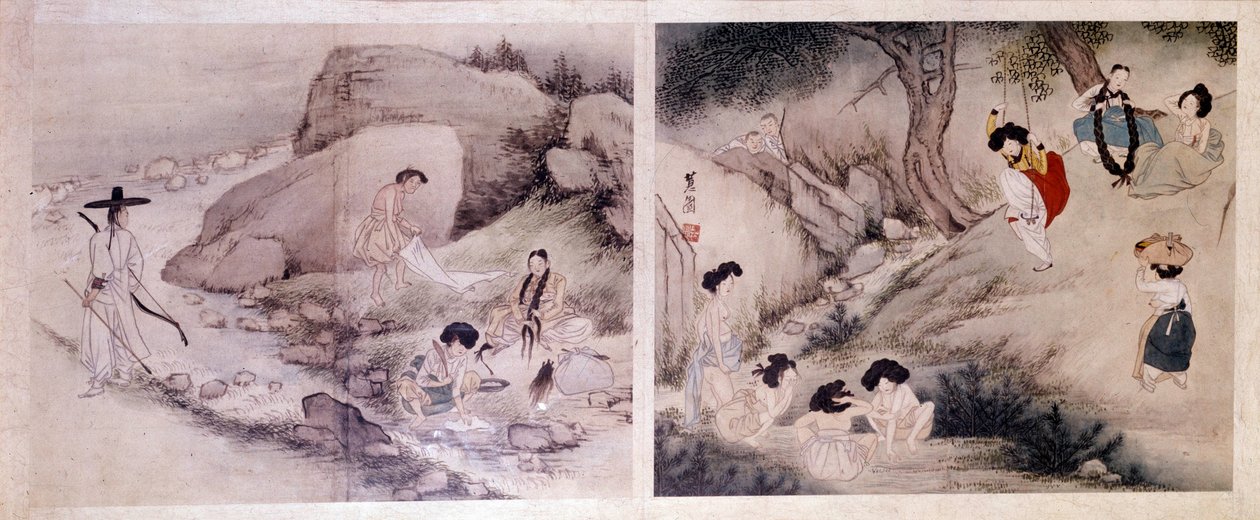 Taiteen ydin: naiset pesevät vaatteensa ja pukeutuvat itse, ja naiset käyvät wc:ssä ja viihtyvät. Teokset: Sin Yun Bok (tai Hyewon) (s. 1758). Hyung Pil Chun -kokoelma tekijältä Yun bok Sin