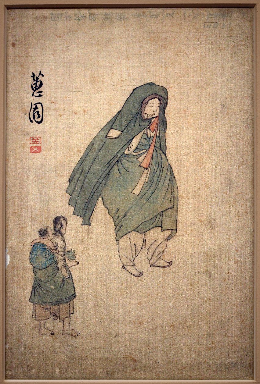 Nainen käärittynä takkiinsa kahden lapsen ohitse. Shin Yunbokin (n. 1758-1813) maalaus, muste paperille tekijältä Yunbok Shin