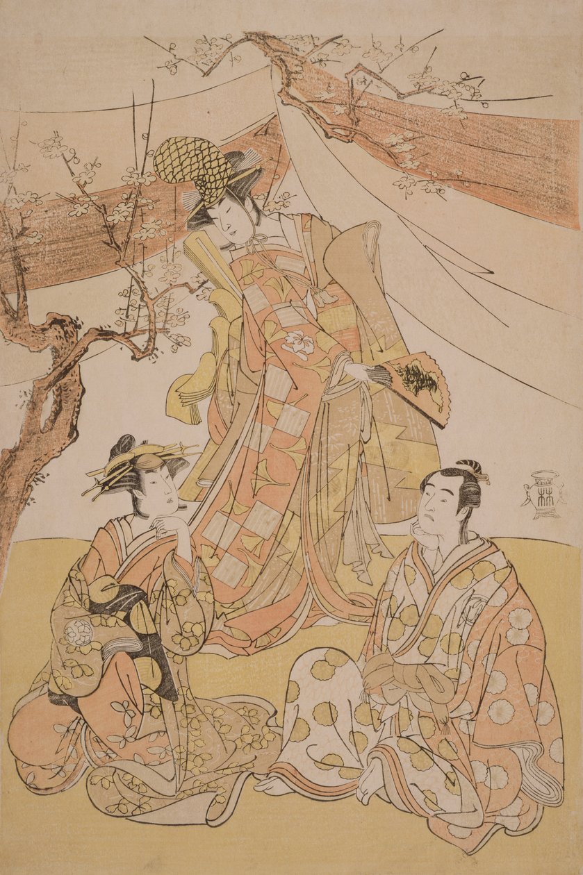 Kolme näyttelijää kohtauksessa elokuvasta "Lumipeitteinen bambu: Genji pitkähihaisissa", vuodelta 1785 (puupainatus) tekijältä Yushido Shunsho