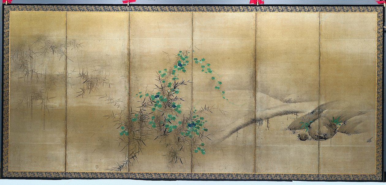 Winter and Summer Flowers, yksi parista kuusipaneelista taittoseinämää, c. 1600 (muste, väri ja kulta paperille) tekijältä Yusho Kaiho