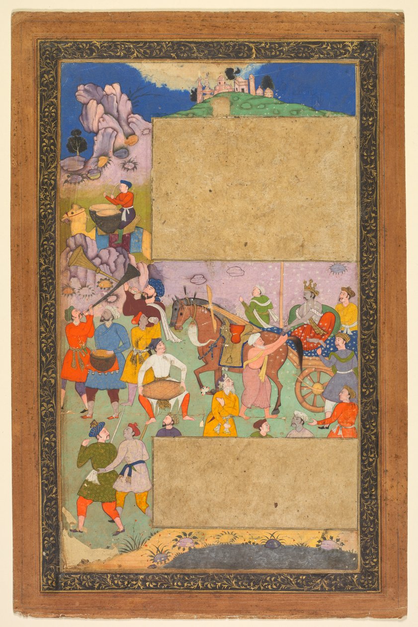 Ratsastamassa kallioisen maiseman halki jalkamiehiä ja muusikoita..., 1616-16 tekijältä Yusuf Ali