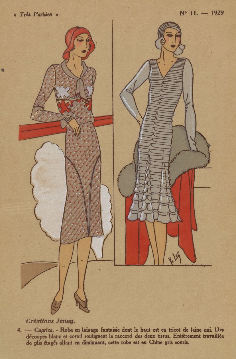 Hyvin pariisilainen, 1929, nro 11: Creations Jenny. / 4. - Päähänpisto. - Villainen mekko... tekijältä Y.v. Luq