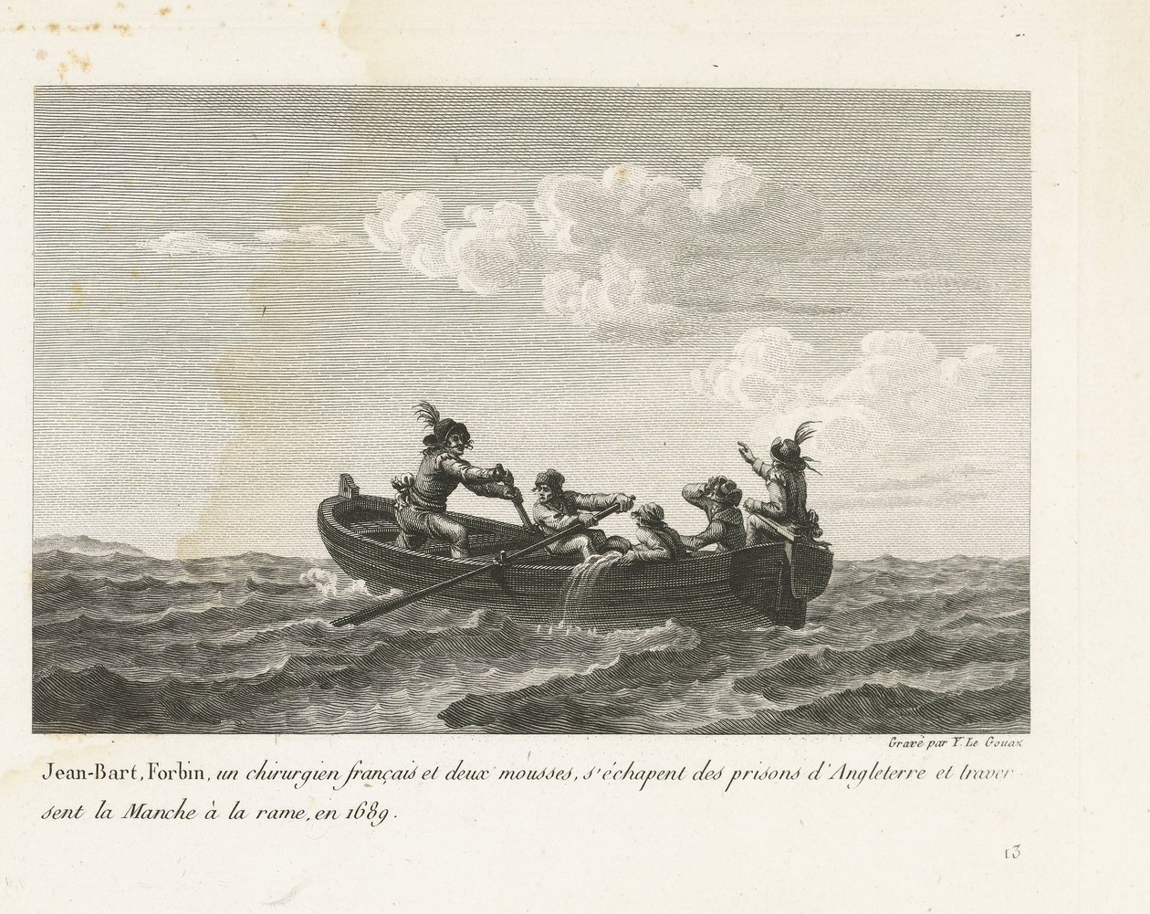 Jan Bart pakenee englantilaisesta vankilasta ja ylittää Englannin kanaalin soutuveneellä vuonna 1689 Jean-Bart, Forbin, un operations français et deux mousses s