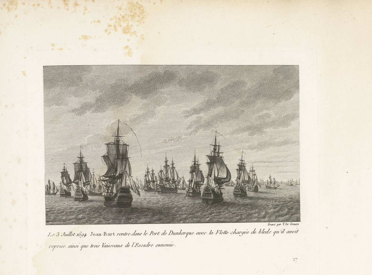 Jan Bart vaart Duinkerke binnen met de heroverde graanschepen, 1694 3. heinäkuuta 1694 Jean-Bart palaa Dunkerquen satamaan laivaston kanssa, joka on lastattu hänen haltuunsa ottamiin bledeihin, sekä kolme vihollislentueen alusta (nimi esineessä) Kokoelma tekijältä Yves Marie Le Gouaz
