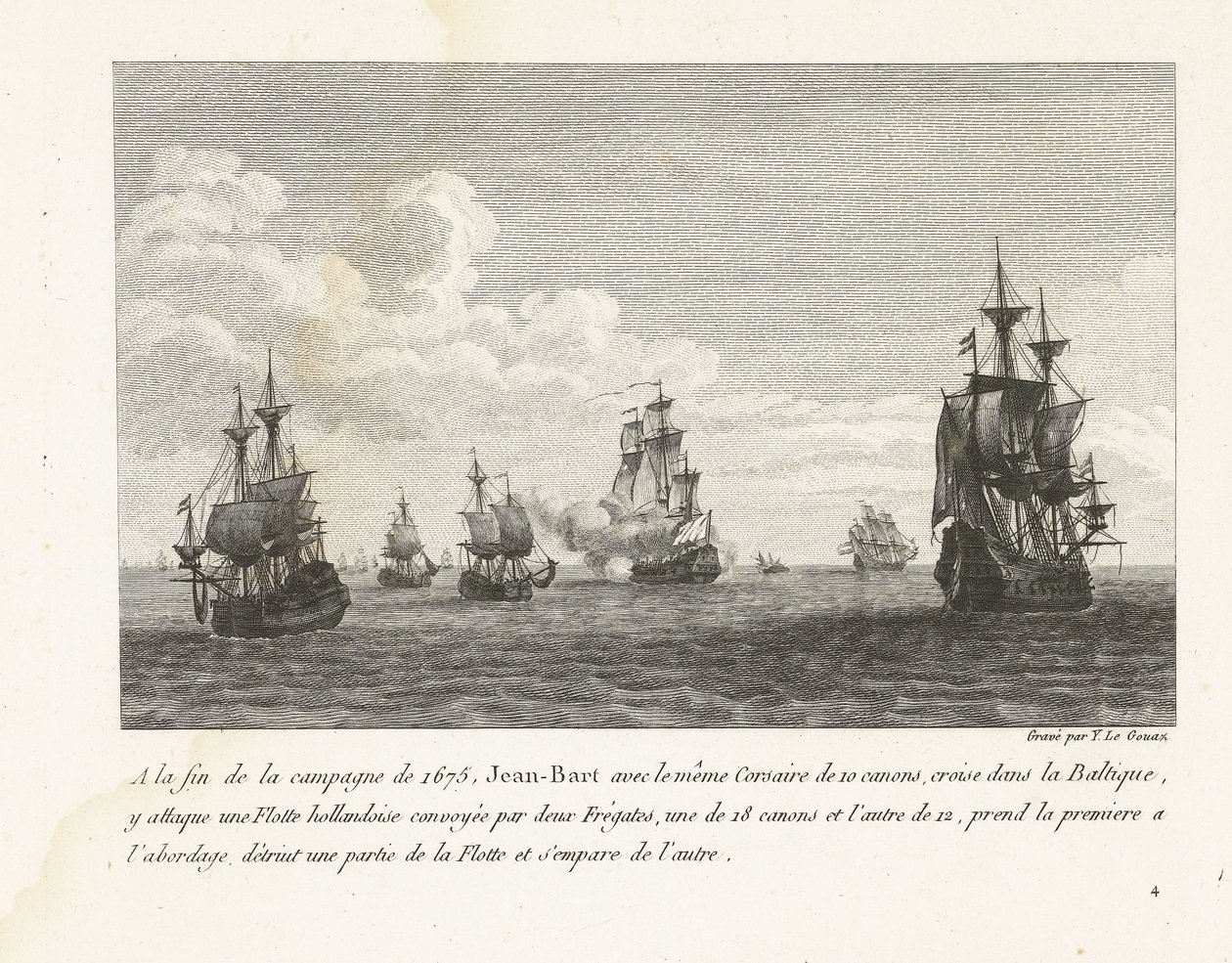 Jan Bart valt Hollandse schepen in de Baltische zee aan, 1675 Vuoden 1675 kampanjan lopussa Jean-Bart samalla 10 aseen Corsairilla, risteilyt Itämerellä, hyökkää siellä hollantilaista laivastoa vastaan ​​(...) (otsikko esineessä) Kokoelma Jean-Barin taiste tekijältä Yves Marie Le Gouaz
